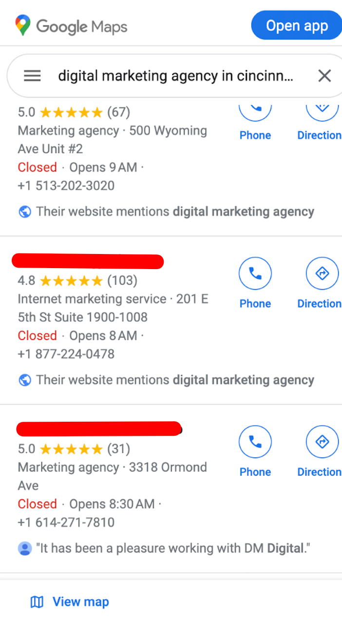 Image of a Google business profile listing